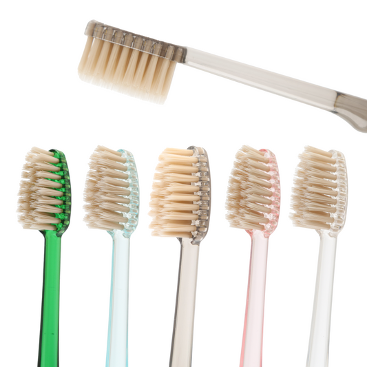 Set of six toothbrushes with different handles in various colors on a white background.