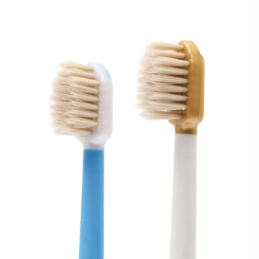 Two toothbrushes heads, one blue and white, the other white with gold accents, on a white background.